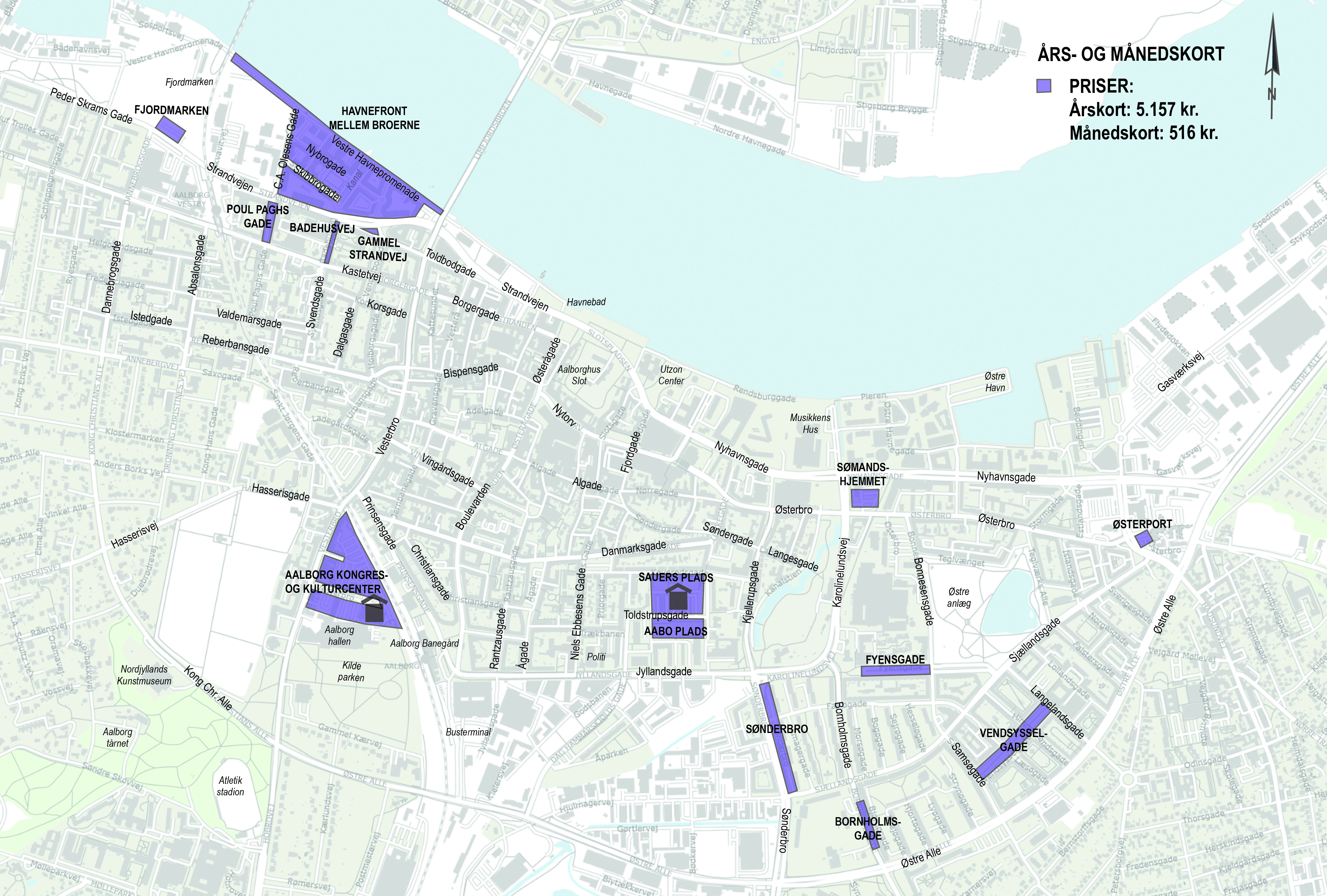 Kort over pladser hvor du kan parkere med års- eller månedskort.