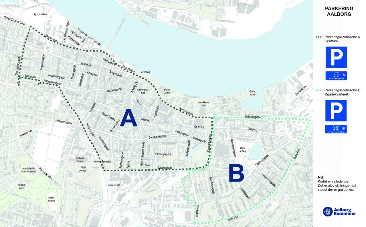 Oversigtskort over parkeringslicenszoner i midtbyen og Øgadekvarteret