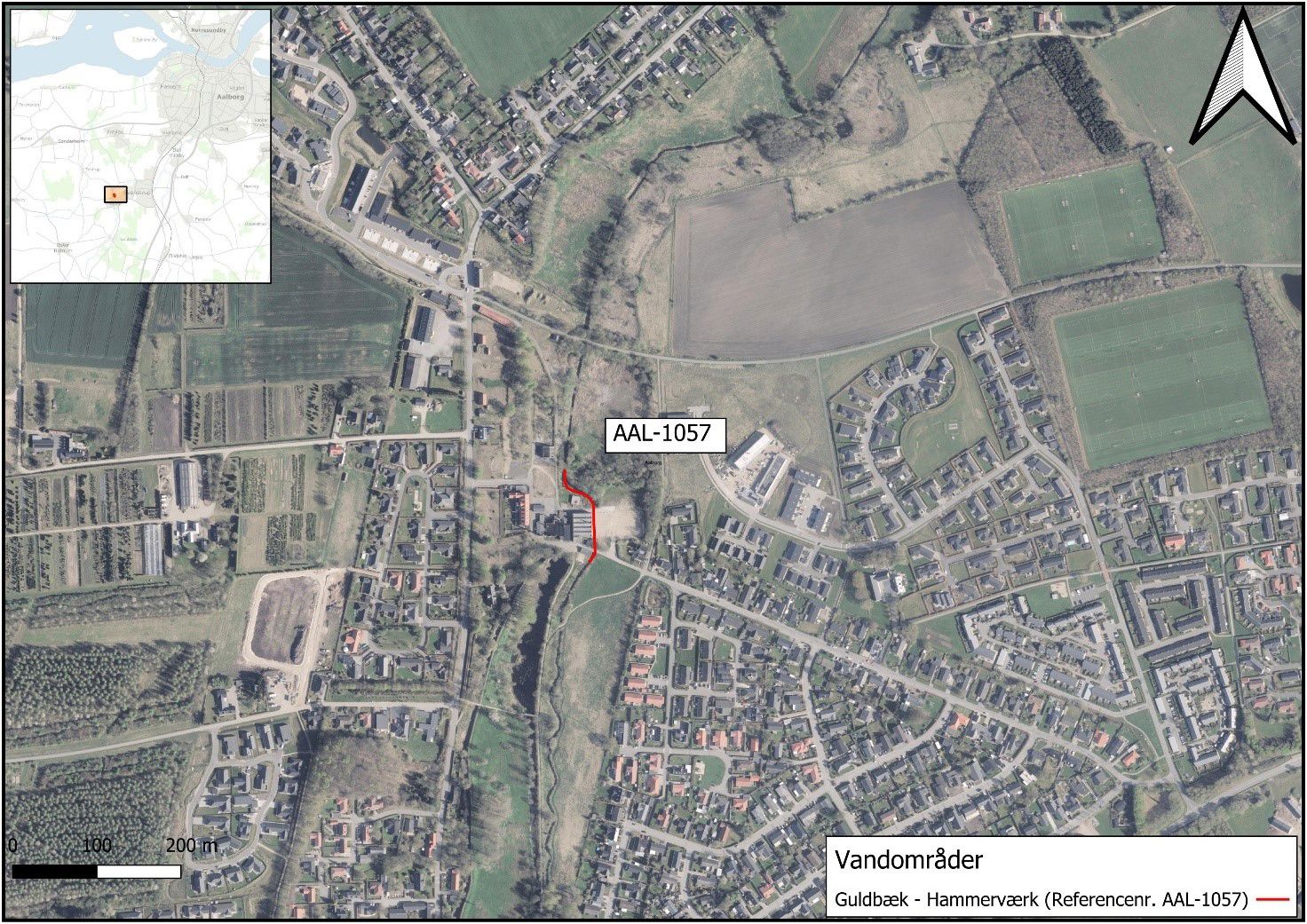 Oversigtskort over vandløb i Guldbækken ved Godthåb Hammerværk