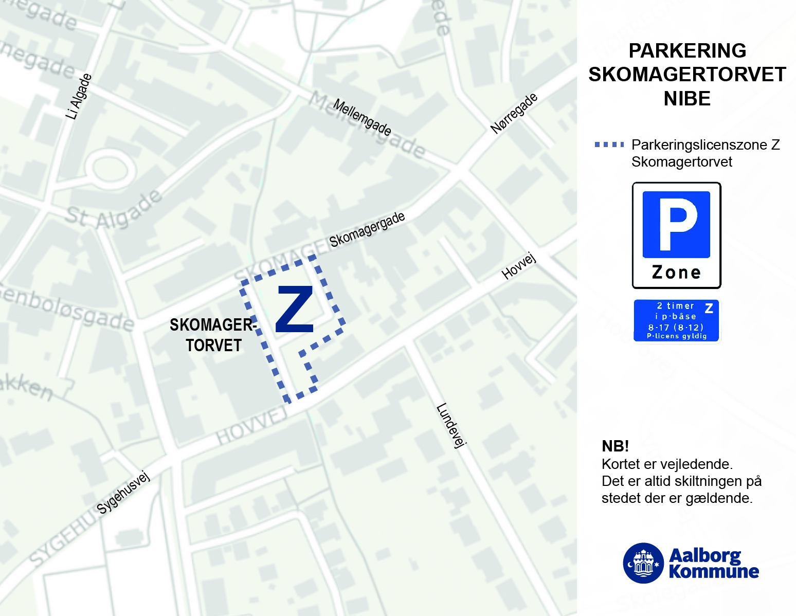 Oversigtskort over parkeringslicenszone på Skomagertorvet i Nibe