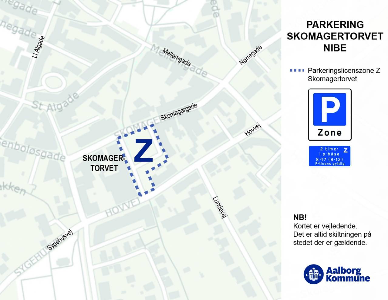 Oversigtskort over parkeringslicenszone på Skomagertorvet i Nibe